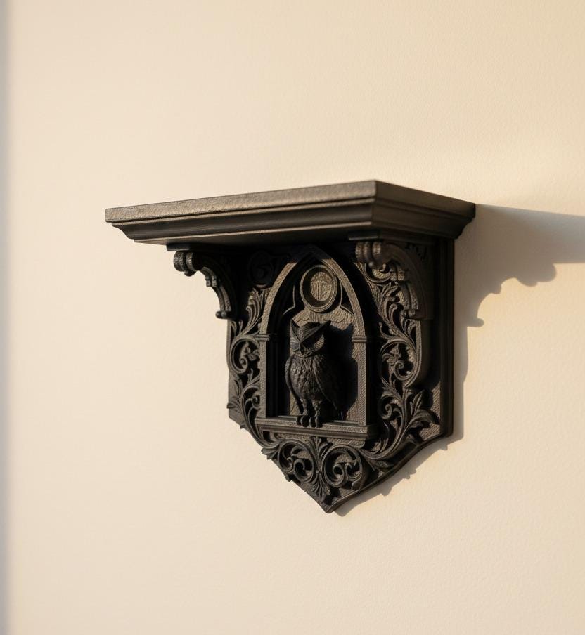 Raft gotic de perete cu bufniță – decor celest Dark Academia