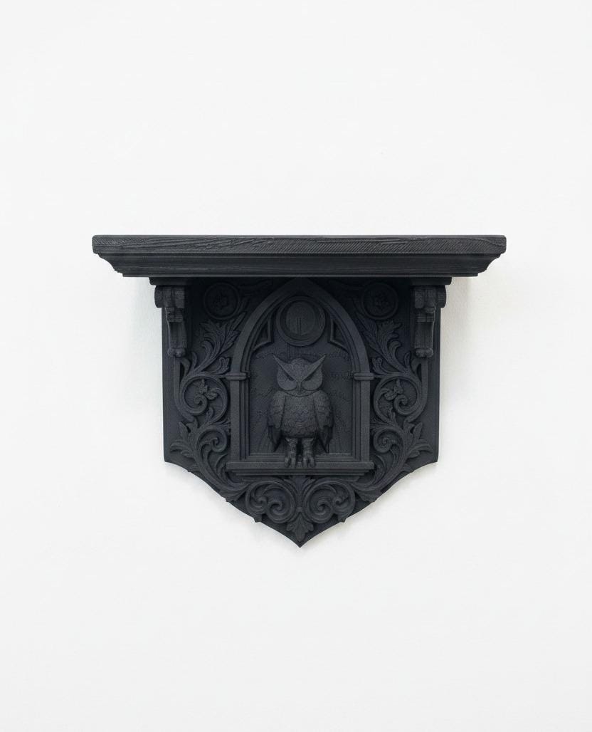 Raft gotic de perete cu bufniță – decor celest Dark Academia