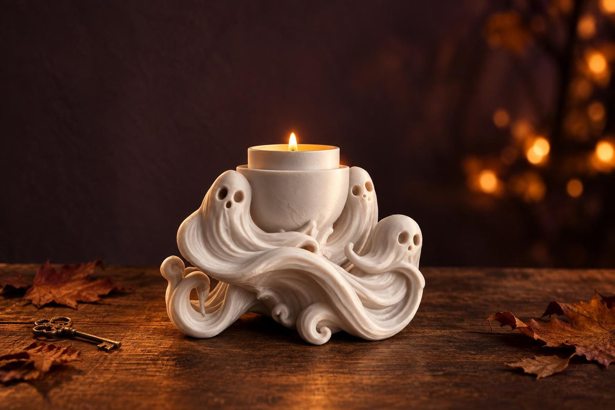 Suport de lumânare cu fantome – decor gotic alb