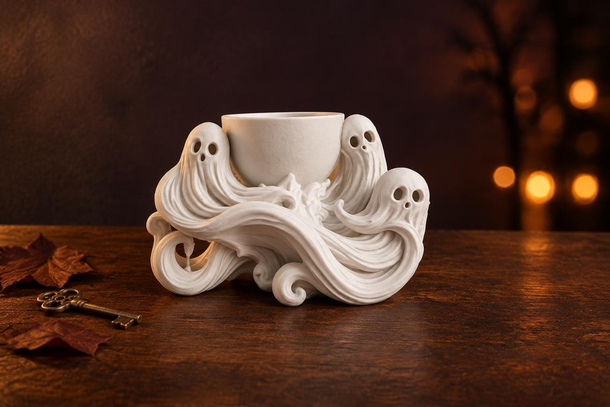 Suport de lumânare cu fantome – decor gotic alb